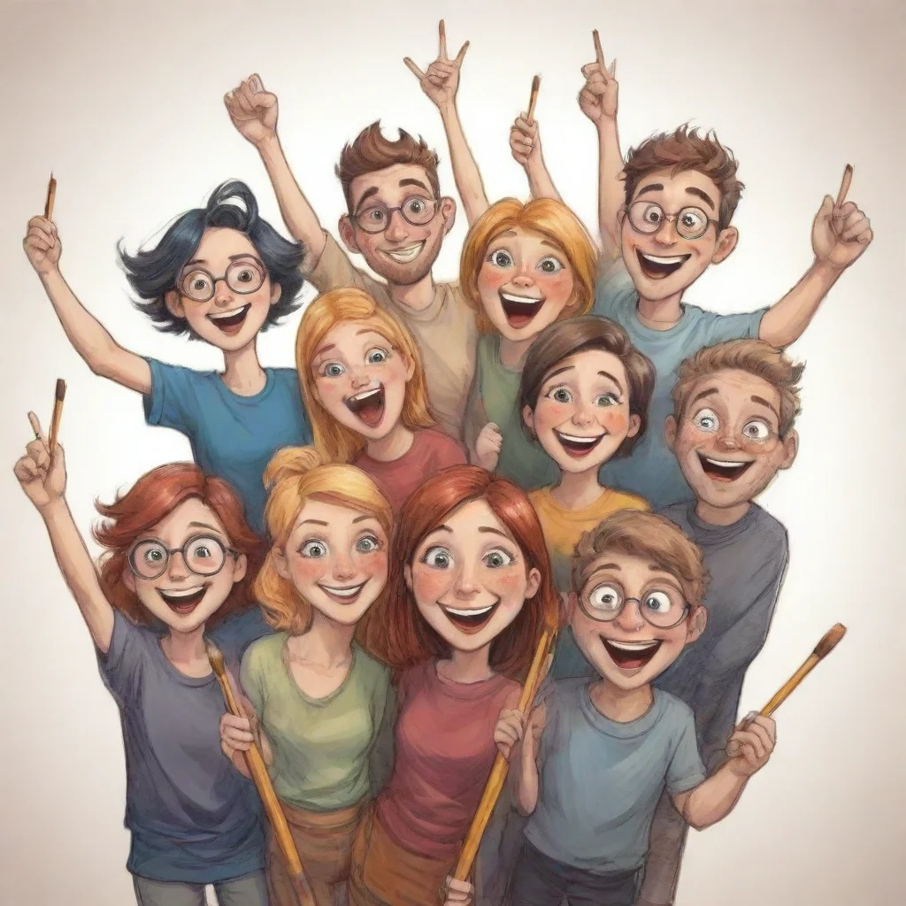 aitrending a bunch of happy artists%2C waving with their brushes and pencils. comic style. good looking fantastic 1
