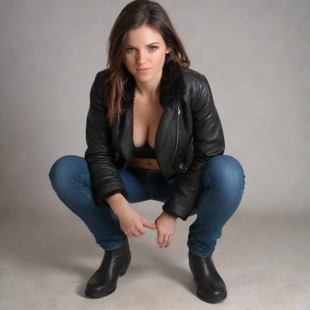 trending a female in leather shearling jacket and tight jeans takes off her jeans then pees in crouching pose. good looking fantastic 1