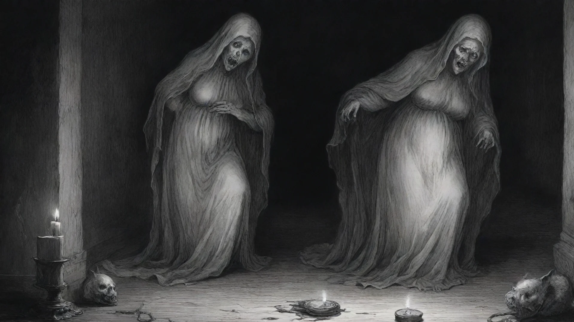 aitrending a ghost face pregnant woman%2C candle%2C scary rats on the floor%2C horror scene%2C ink drawing%2C in style of gustave dore. good looking fantastic 1 wide