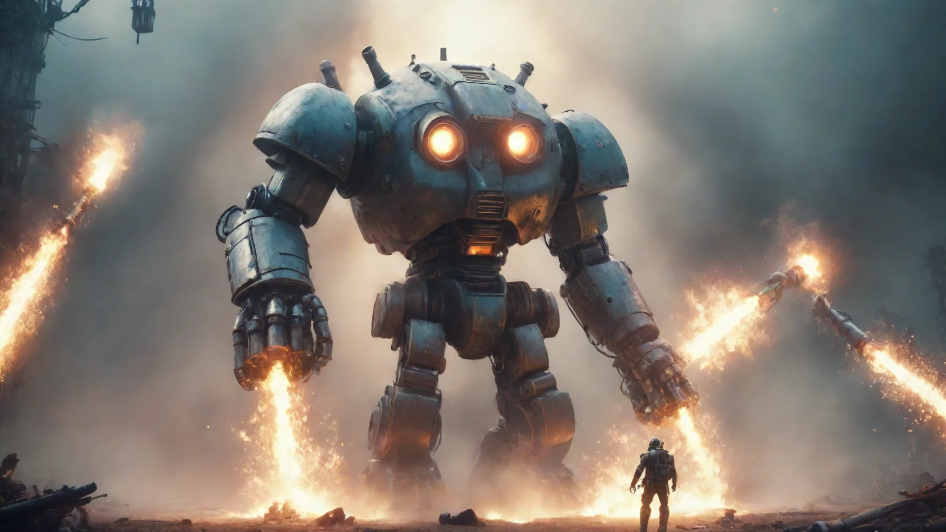 trending a giant robot diver with pipes round head fight against a huge monster battle explosion blur lens cinematic style grainy octane render concept art hyper good looking fantastic 1 wide