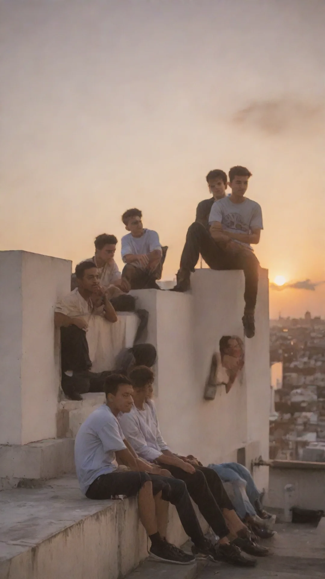 aitrending a group of 4 male students sitting at a rooftop while sunset happens good looking fantastic 1 tall