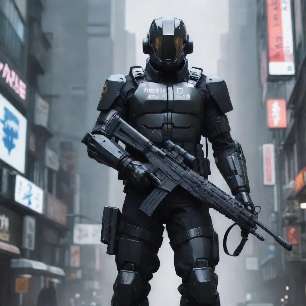 aitrending a high fidelity sci fi police carrying a long carbine covered in black battle suit in a highly technologically tokyo city inspired by yoji shinkawa high deta good looking fantastic 1