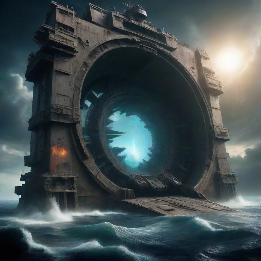 trending a huge portal opening up another dimension with water and ocean a huge demaged abandoned space battleship connecting wit good looking fantastic 1