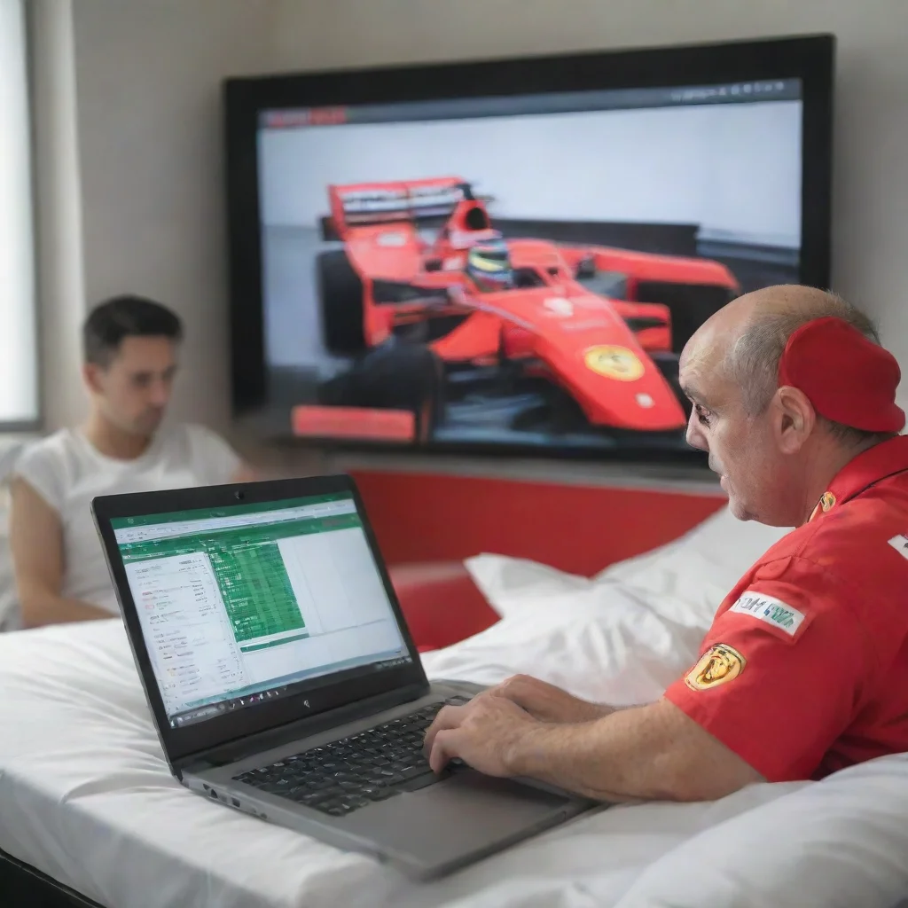 trending a laptop with an excel spreadsheet in a hospital bed in a ferrari suit watching the formula 1 on tv good looking fantastic 1