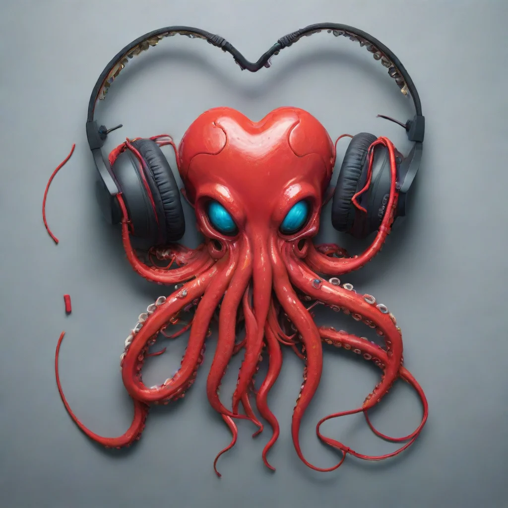 trending a mangled heart that bleeds slightly but has octopus tentacles that are headphone jacks. this wearing headphones or earphones is red but with multicolored %28dark%29 cables good looking fan