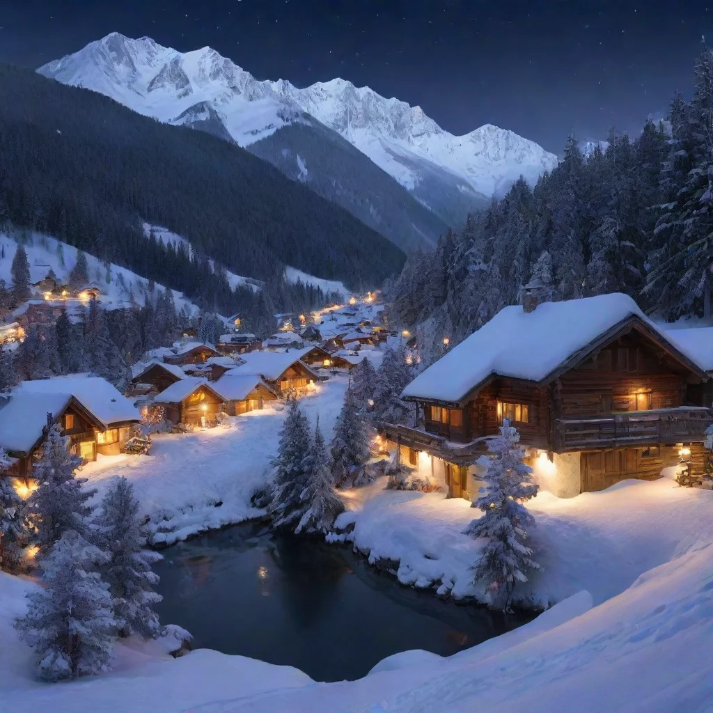 aitrending a mountain village with snow and pine trees in the night good looking fantastic 1
