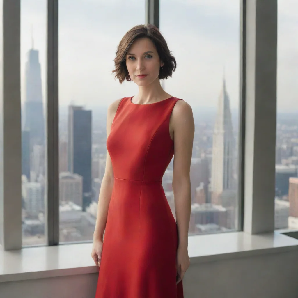 aitrending a portrait of a woman wearing a red dress%2C standing in front of a large window with a cityscape view good looking fantastic 1
