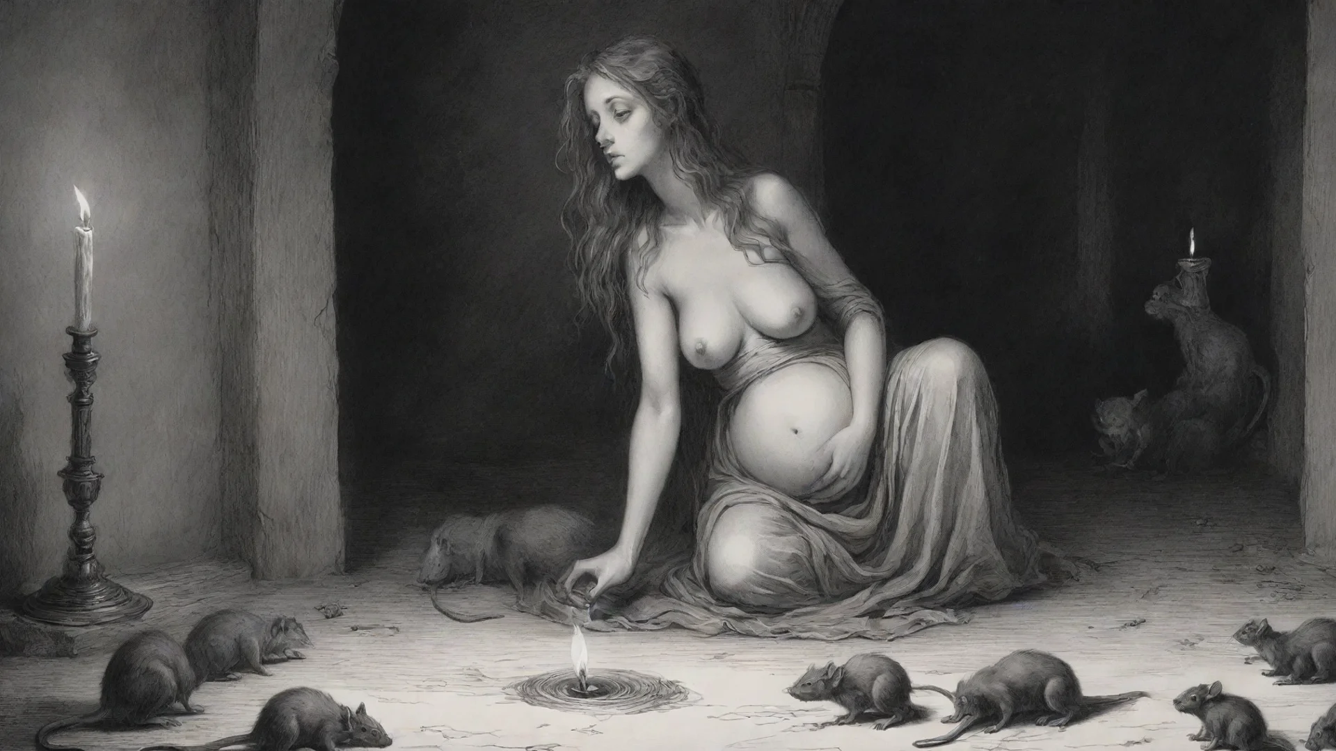 aitrending a pregnant woman%2C candle%2C rats on the floor%2C horror scene%2C ink drawing%2C in style of gustave dore. good looking fantastic 1 wide