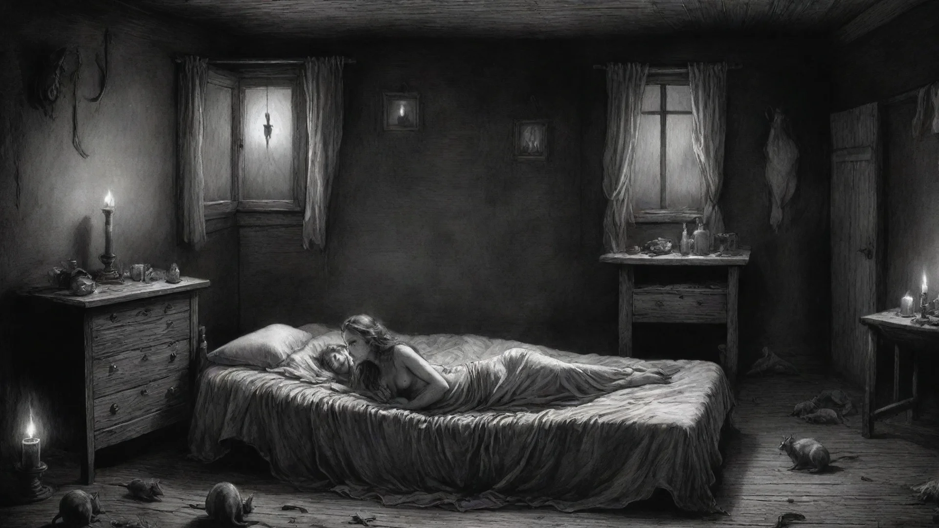 aitrending a pregnant woman on bed in a cabin%2C dark room%2C candle light%2C rats on the floor%2C horror scene%2C ink drawing%2C in style of gustave dore. good looking fantastic 1 wide