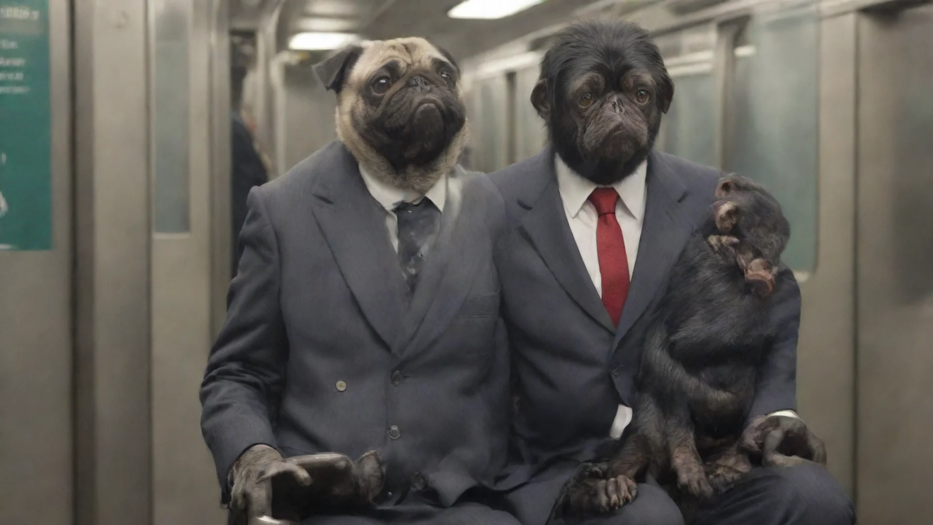 aitrending a pug and a chimpanzee wearing business suits riding the subway to work. good looking fantastic 1 wide