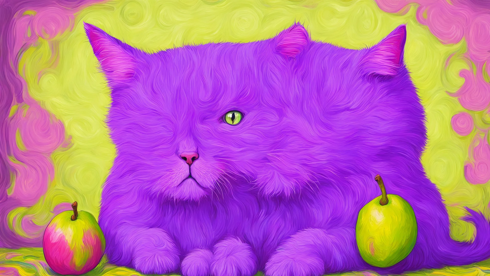 trending a purple cat with pink strips. the cat is eating a pear. the pear has a face and is looking sad. the background is in vincent van gogh style good looking fantastic 1 wide