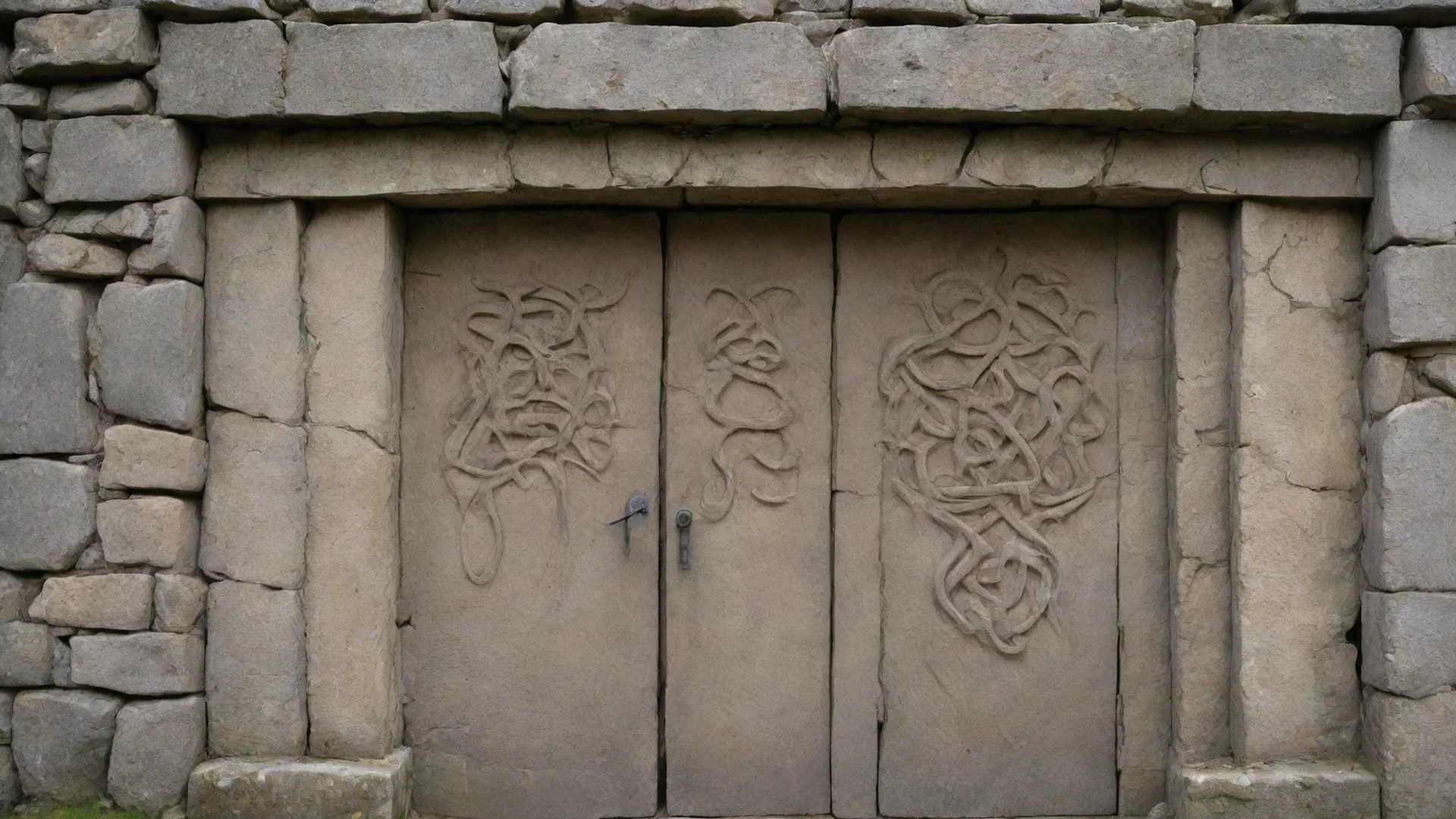 trending a rectangular door way in a stone wall.  the door frames is carved with demonic runes good looking fantastic 1 wide