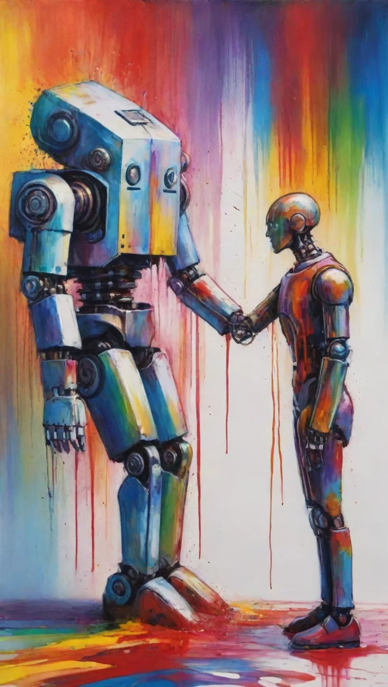 trending a robot shooting a human in the head. colorful rainbow blood spills out. stylized painting. detailed. abstract good looking fantastic 1 tall