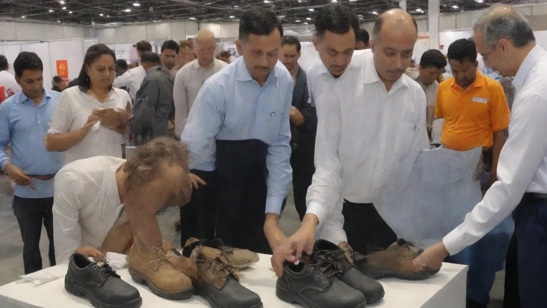trending a safety footwear company staff showing there new safety shoes in an industrial expo to the people who visited there expo near there stall where safety shoes are kept good looking fantastic