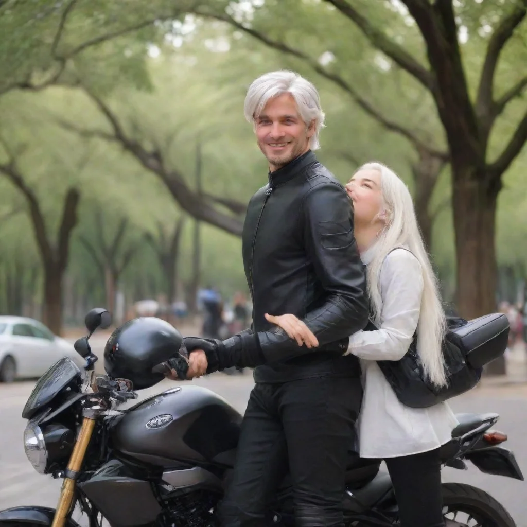 trending a short girl with brown hair and a tall man stand in a city square with trees. the man reach out a black motorcycle helmet with one hand towards the girl who reaches for