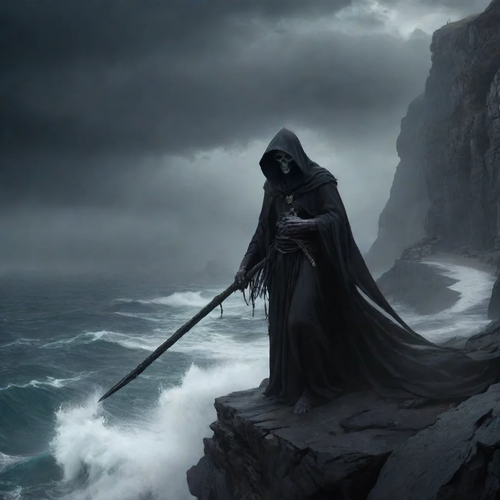 trending a sinister looking grim reaper holding a scythe on the edge of a cliff above a tempestuous ocean good looking fantastic 1