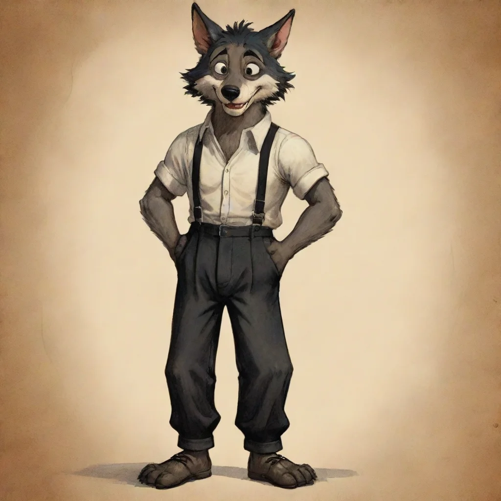 trending a slim attractive anthropomorphic male wolf with black fur from a vintage  1930s cartoon wearing battered trousers held up with suspenders barefoot in the style of the vintage big bad wolf 