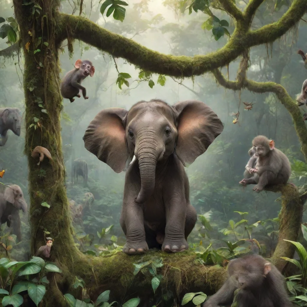aitrending a small elephant sitting in a rainforest with its friends with a pretty rainforest in the backround with monkeys swinging above them on vines.  good looking fantastic 1