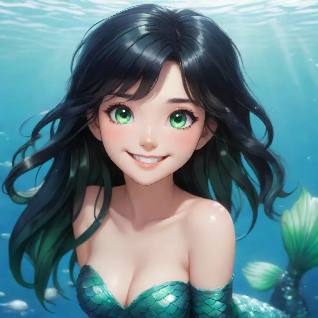 aitrending a smiling anime mermaid with black hair and green eyes appears good looking fantastic 1