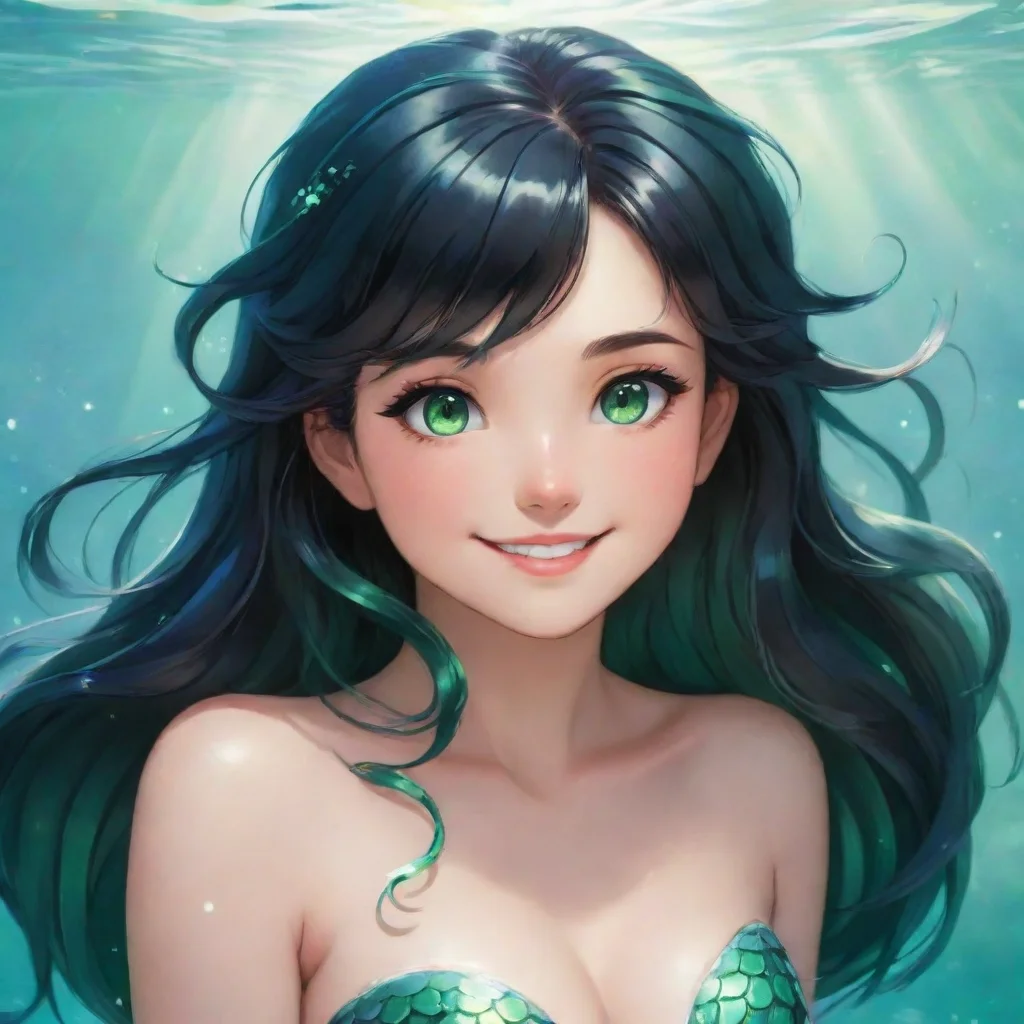 trending a smiling anime mermaid with black hair and green eyes good looking fantastic 1