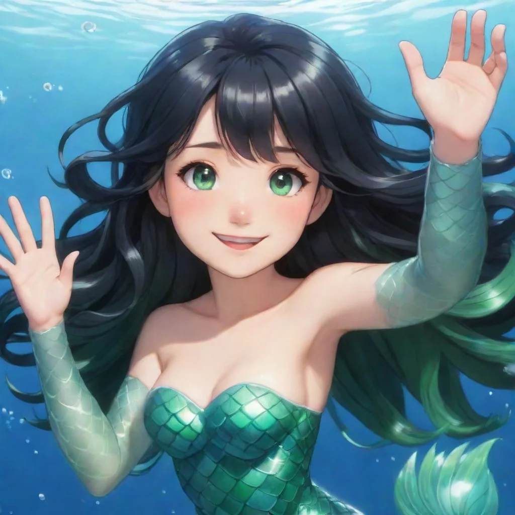 aitrending a smiling anime mermaid with black hair and green eyes waving good looking fantastic 1