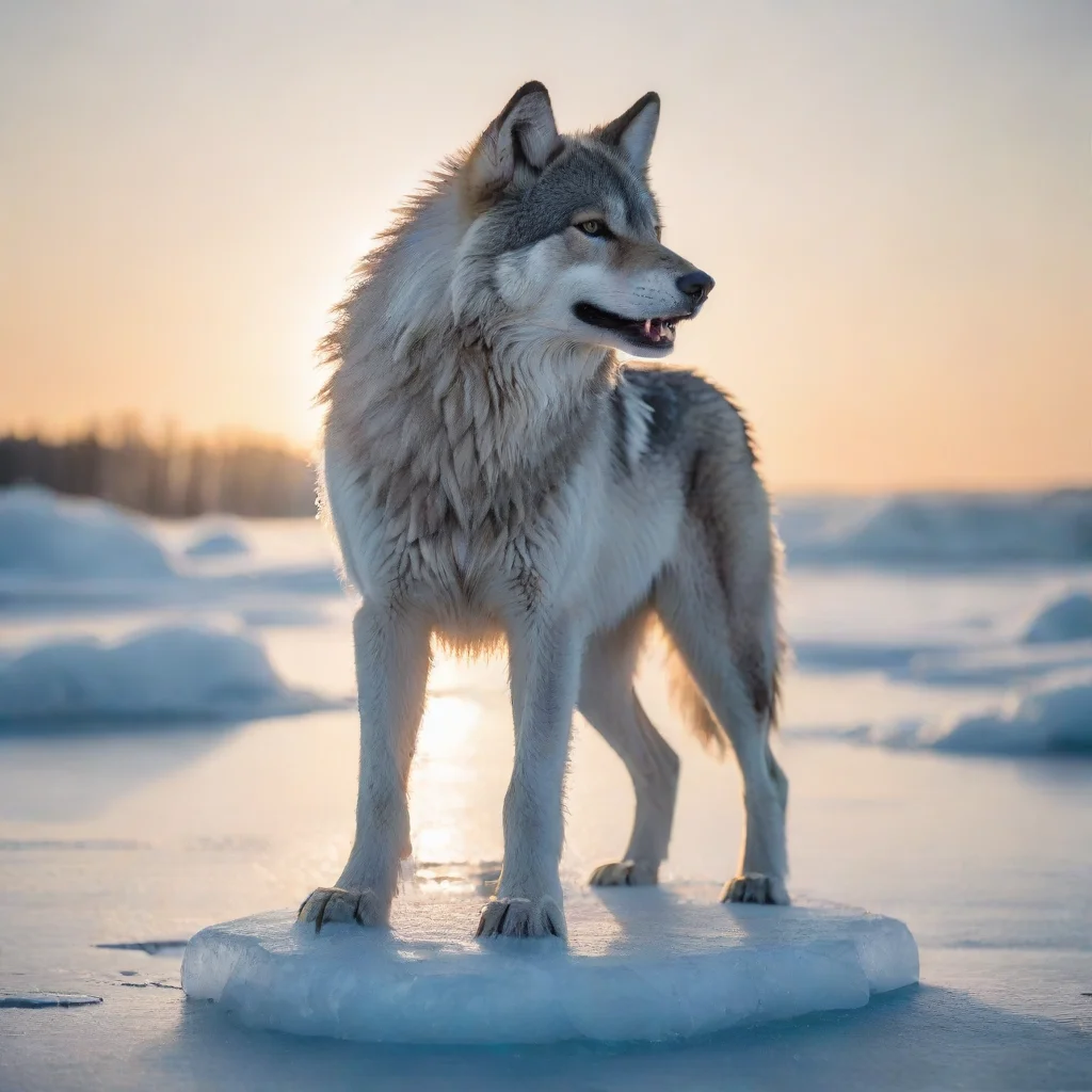 aitrending a smiling wolf%2C made from ice%2C standing on a giant ice lake%2C the sun behind him. good looking fantastic 1
