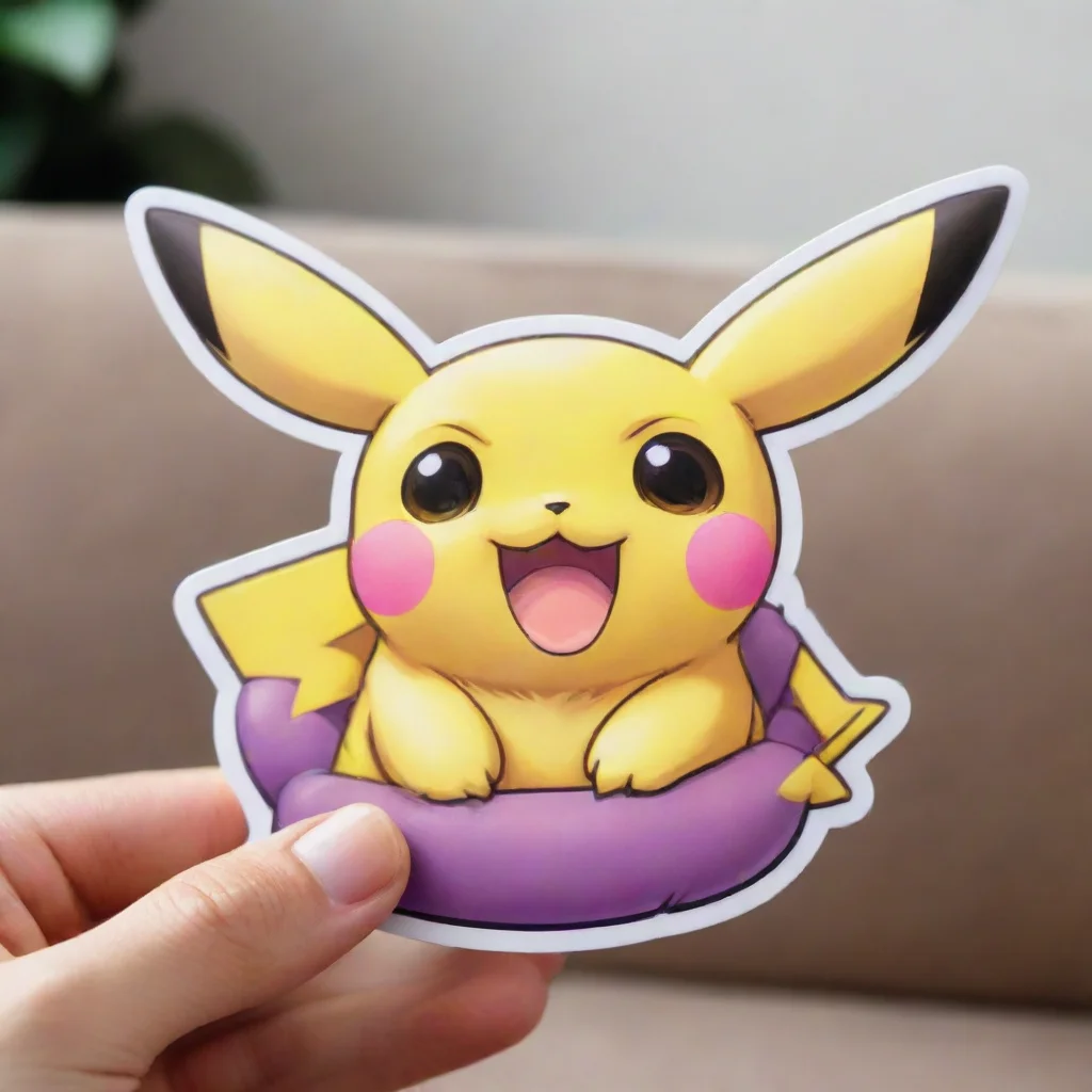 aitrending a sticker of a chibi pikachu with pink%2C purple and yellow colors%2C a hand holding it%2C on top of a couch%2C high detail%2C realistic%2C canon eos r5 good looking fantastic 1
