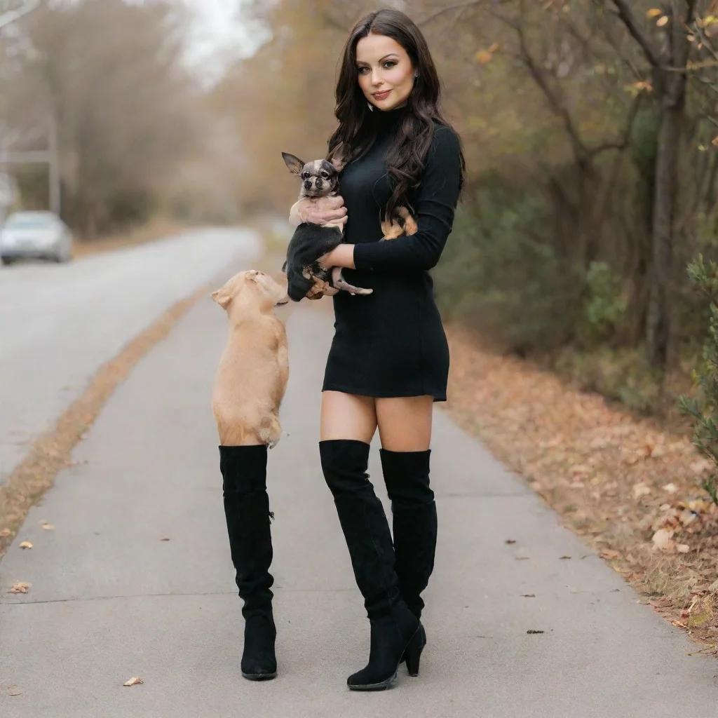 aitrending a tall woman wearing knee high black boots holding a chihuahua    good looking fantastic 1