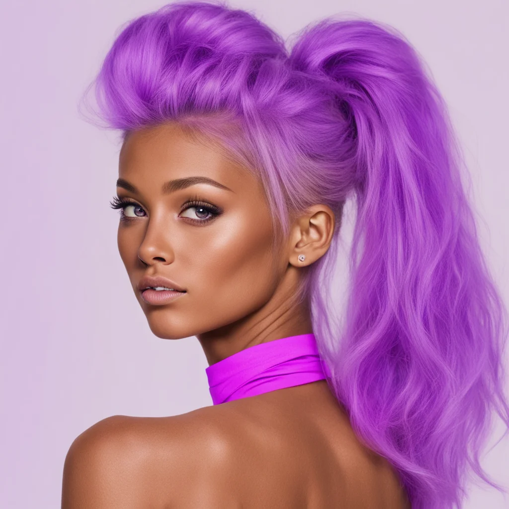 trending a tanned girl with purple hair in a high ponytail  good looking fantastic 1
