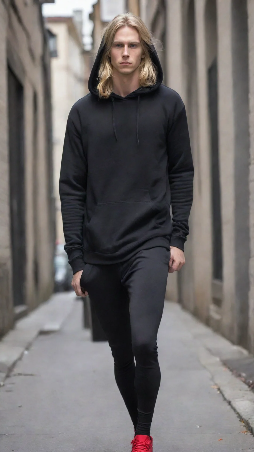 aitrending a toned%2C blonde male with long hair%2C a black hoodie%2C black leggings showing of his legs and some red sneakers rick%26 morty animated character good looking fantastic 1 tall