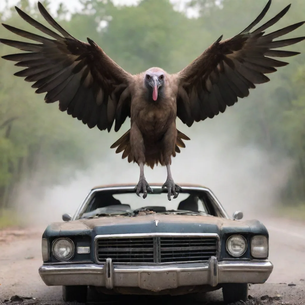 aitrending a vulture bird landing on a broken smoking car engine wearing glases good looking fantastic 1