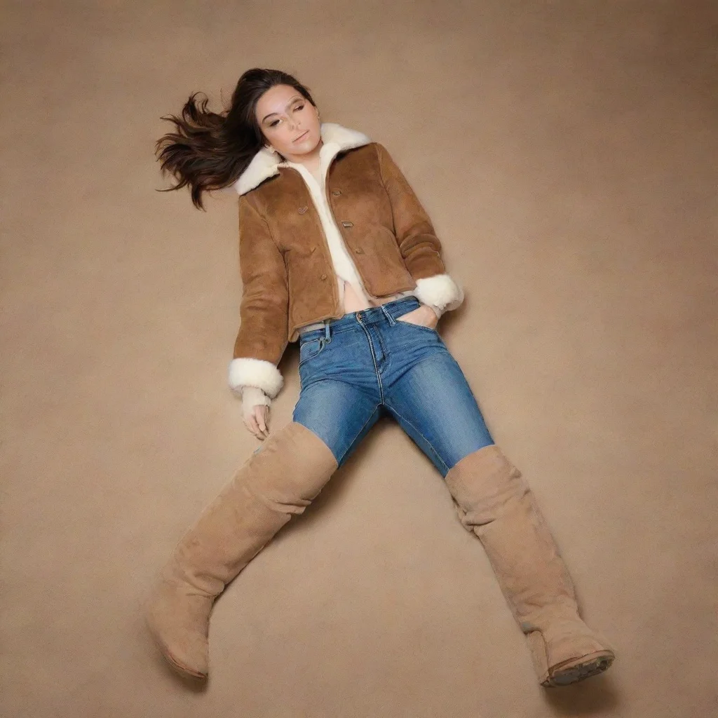 aitrending a woman wearing b3 shearling jacket%2C tight jeans%2C knee high ugg boots%2C is lying down with her legs spread wide open. low camera angle. good looking fantastic 1