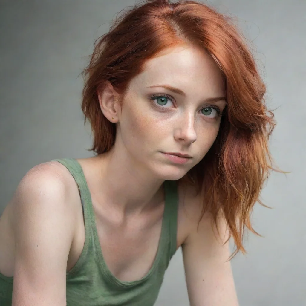 aitrending a woman with red hair and hazel green eyes. she is very skinny and is wearing a tank top and jean shorts. good looking fantastic 1