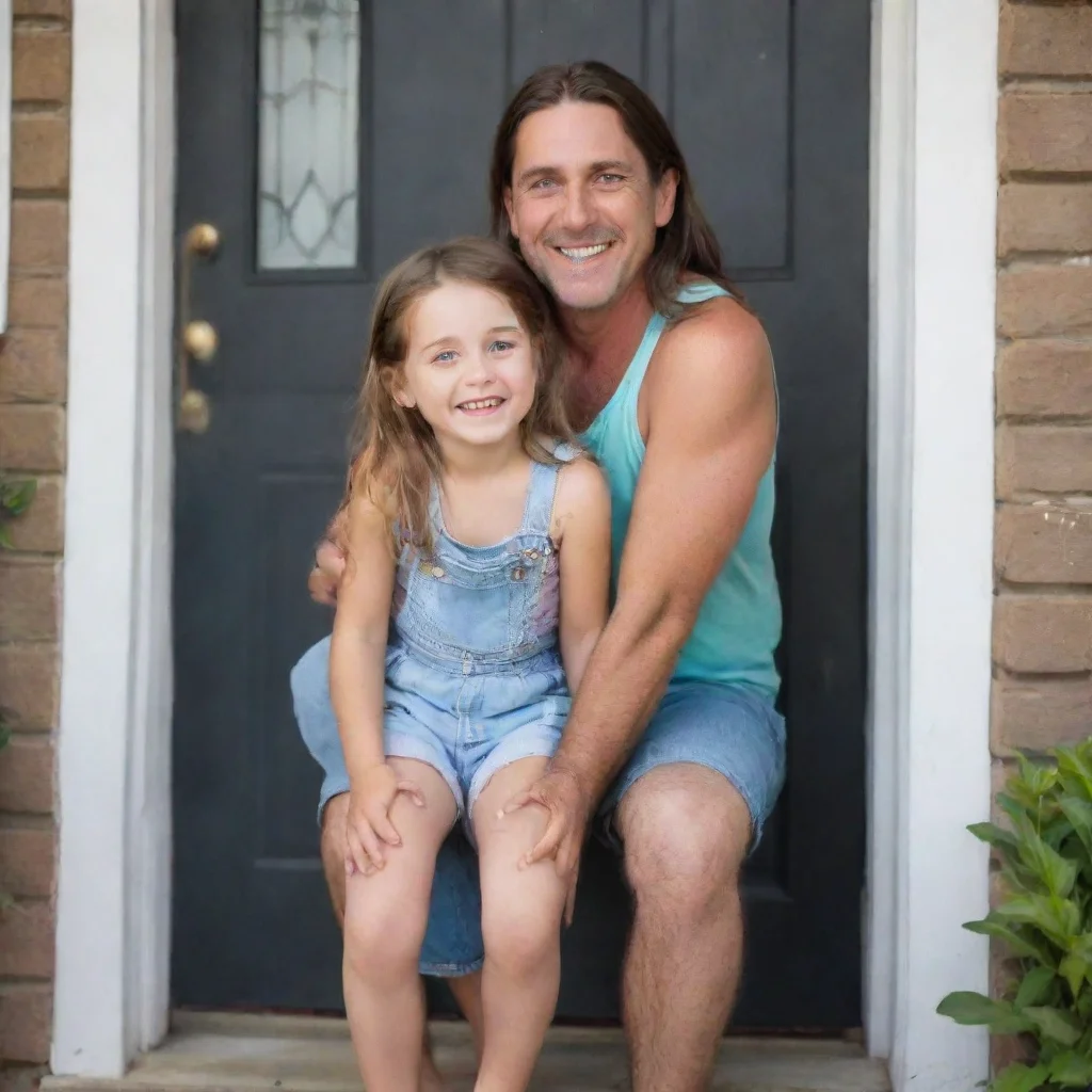 aitrending a young girl with bright eyes and a big smile%2C is standing at the front door%2C holding onto her dad%27s knee.  good looking fantastic 1