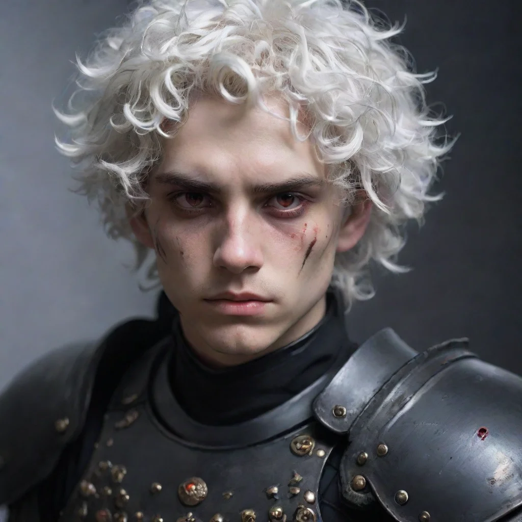 trending a young man%252c with fully black armor%252c he has a pale and melancholic face with scars on his face%252c he has short curly white hair and red eyes amazing awesome portrait 2 good lookin