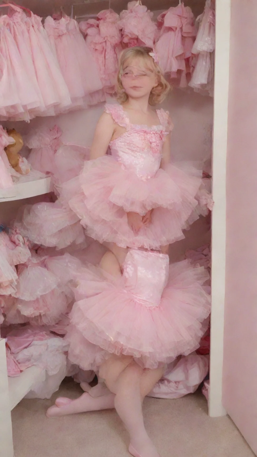 trending abdl sissy in pretty pink sugarpum fairy ballet costume and thick diaper sitting in a closet full of dresses and dolls good looking fantastic 1 tall