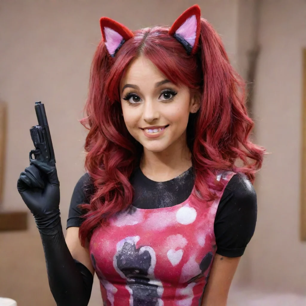 trending adult  30 year old ariana grande as cat valentine from victorious smiling with black tough nitrile gloves and gun and mayonnaise splattered everywhere good looking fantastic 1