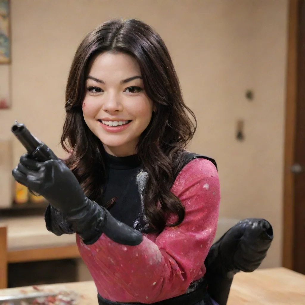 trending adult  30 year old miranda cosgrove from icarly smiling with black deluxe nitrile gloves and gun and mayonnaise splattered everywhere good looking fantastic 1