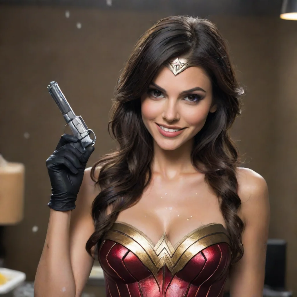 trending adult  31 year old  victoria justice as wonder woman  smiling with black  nitrile gloves and gun and mayonnaise splattered everywhere good looking fantastic 1