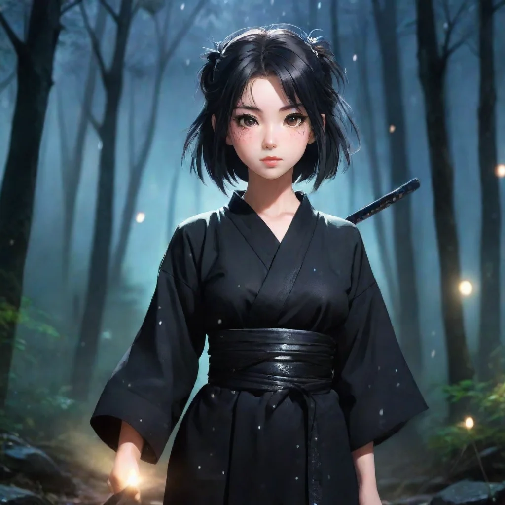 trending aesthetic grunge realistic japanese anime girl with katana wearing black yukata night forest shining sparkles background good looking fantastic 1