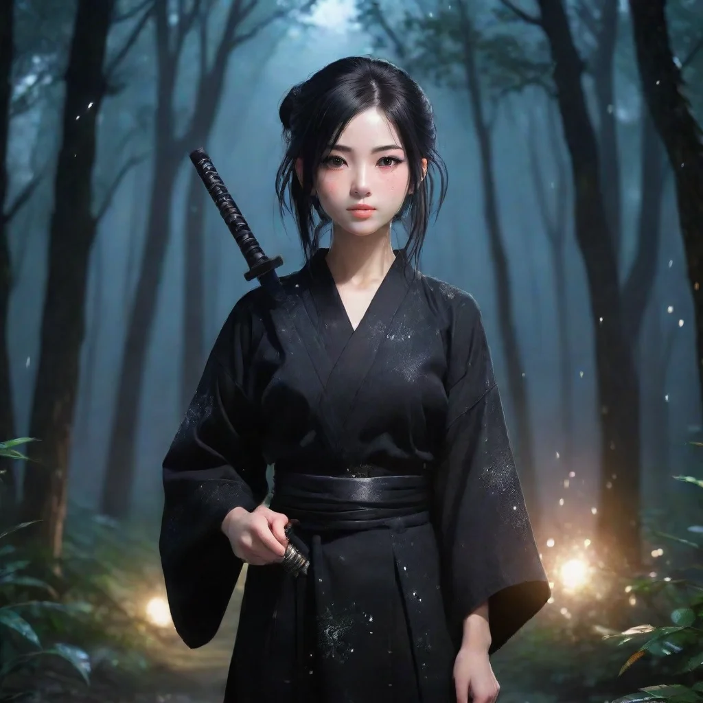 trending aesthetic grunge realistic japanese anime woman with katana wearing black yukata night forest shining sparkles background good looking fantastic 1