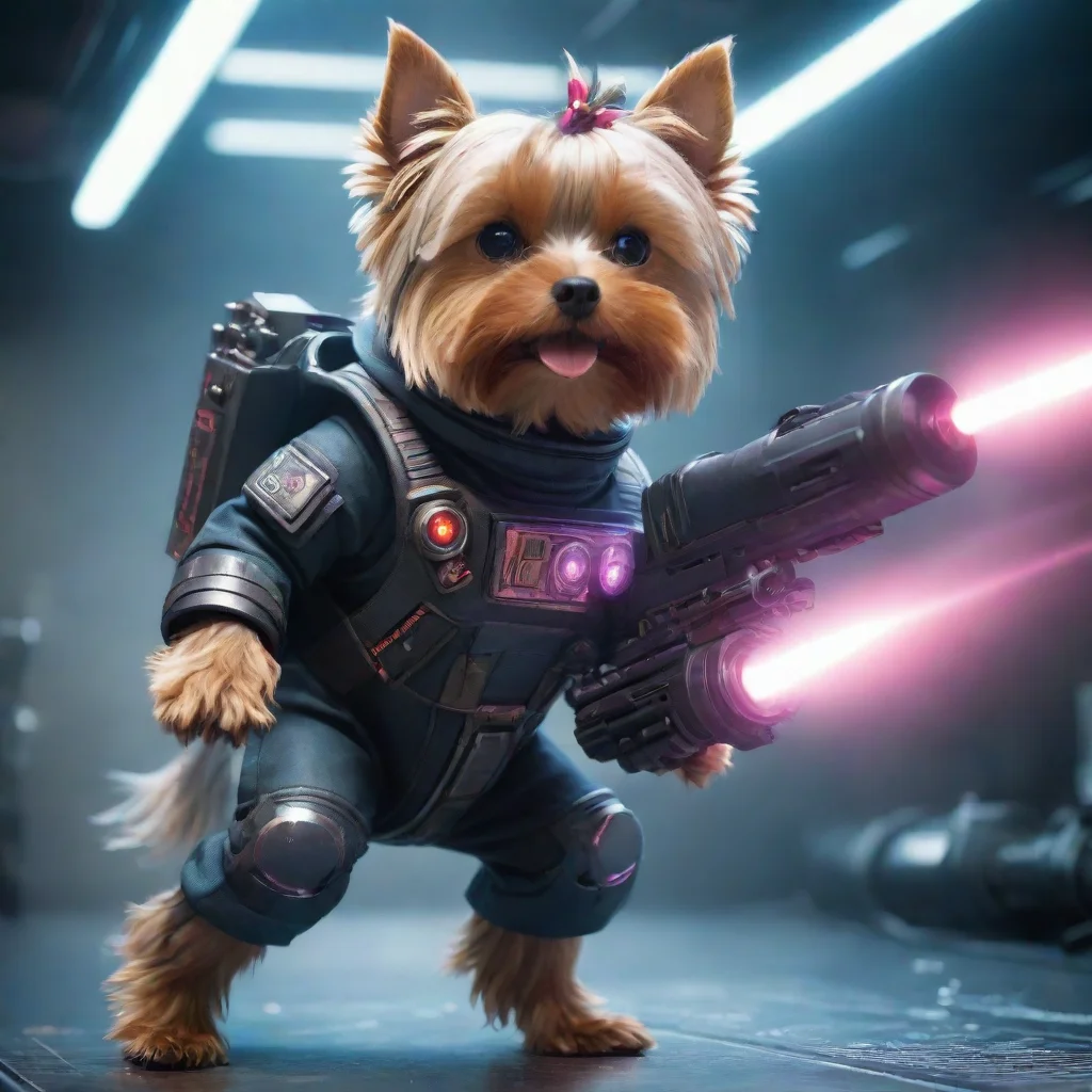 aitrending aione yorkshire terrier in a cyberpunk space suit firing big weapon laser confident good looking fantastic 1