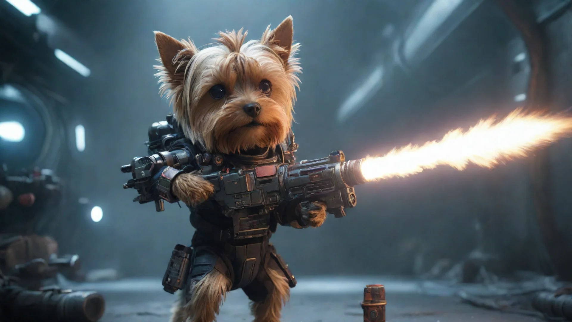 aitrending aione yorkshire terrier in a cyberpunk space suit firing big weapon lot lighting good looking fantastic 1 wide