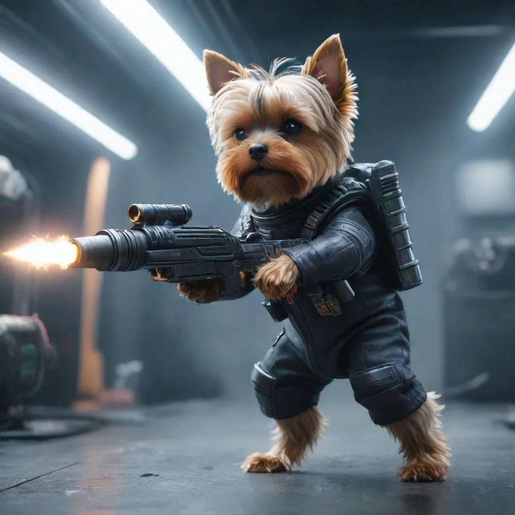 trending aione yorkshire terrier in a cyberpunk space suit firing big weapon lot lighting good looking fantastic 1