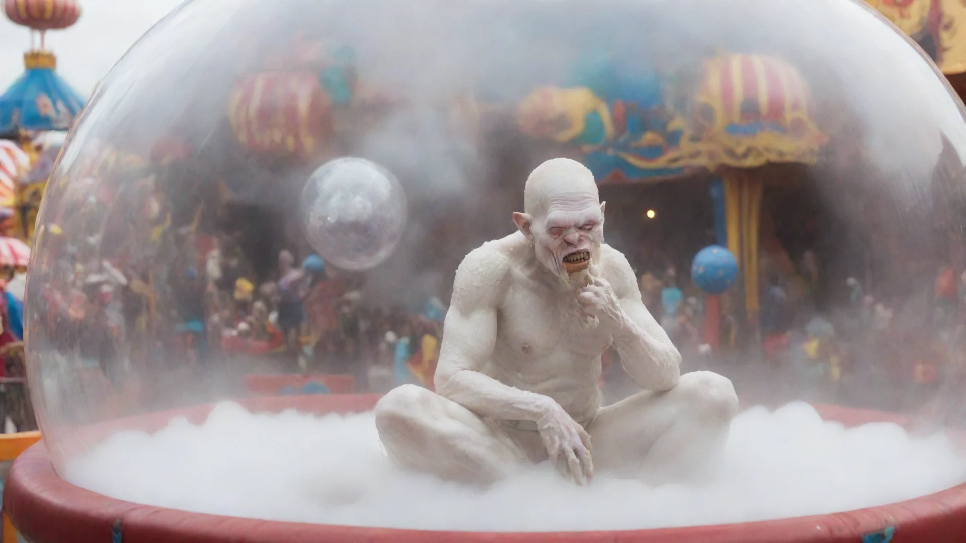 aitrending albino half ork sitting inside a bubble floating over a carnival in a cle good looking fantastic 1 wide
