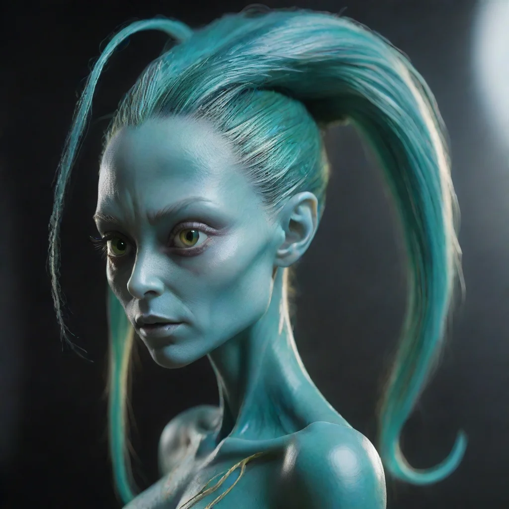 aitrending alien female with high ponytail made of long tendrils%2C mikkian%2C blue green skin%2C golden eyes. beautiful%2C alien good looking fantastic 1