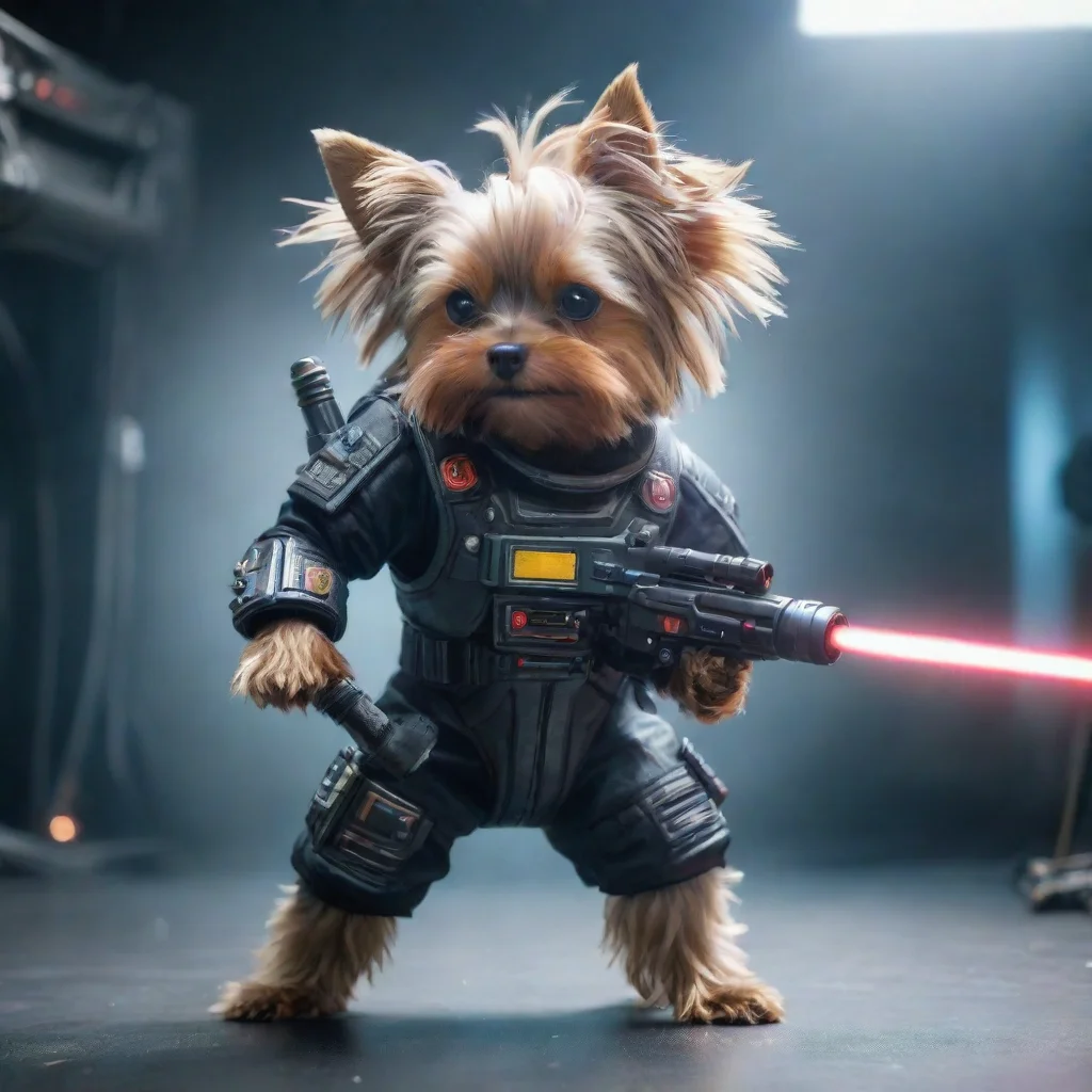 aitrending alone yorkshire terrier in a cyberpunk space suit firing big weapon laser confident good looking fantastic 1