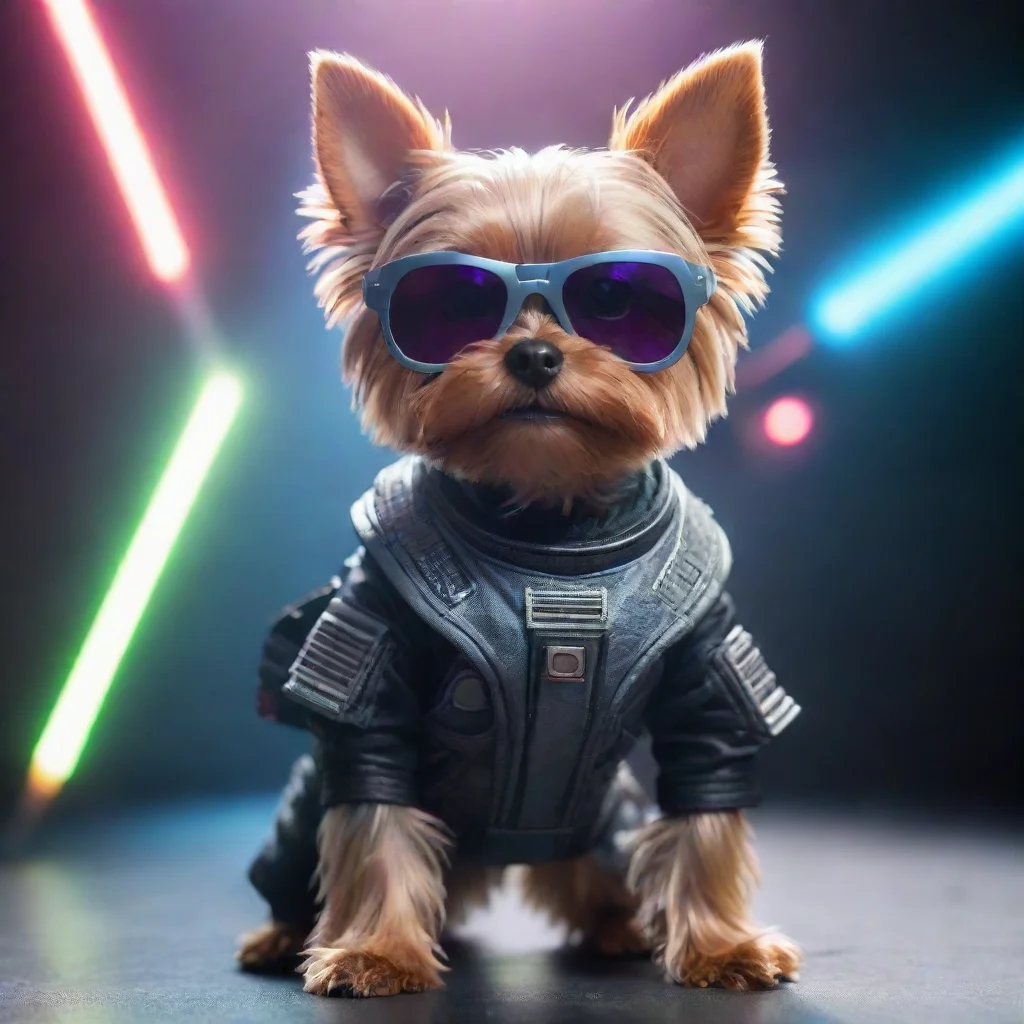 trending alone yorkshire terrier with sunglasses in a cyberpunk space suit firing a laser beam good looking fantastic 1