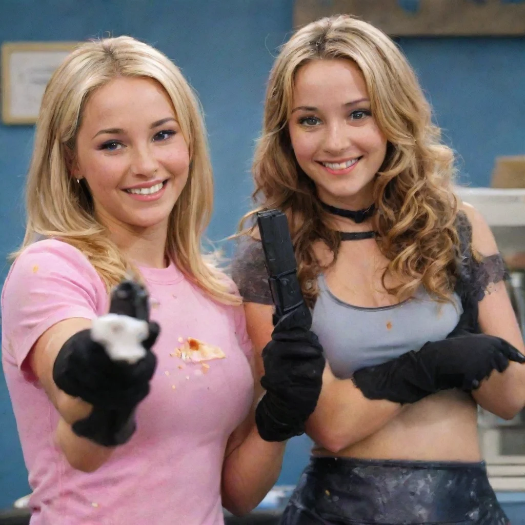 trending amanda bynes and penelope taynt from the amanda show smiling  with black nitrile gloves and gun and mayonnaise splattered everywhere good looking fantastic 1