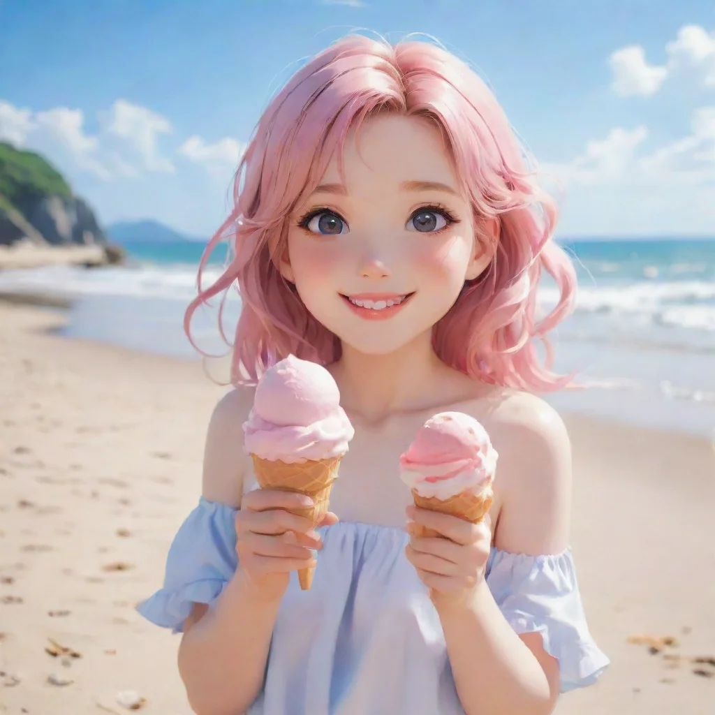 aitrending amazing hd art anime detailed aesthetic beautiful smile blush holding ice cream at beach good looking fantastic 1